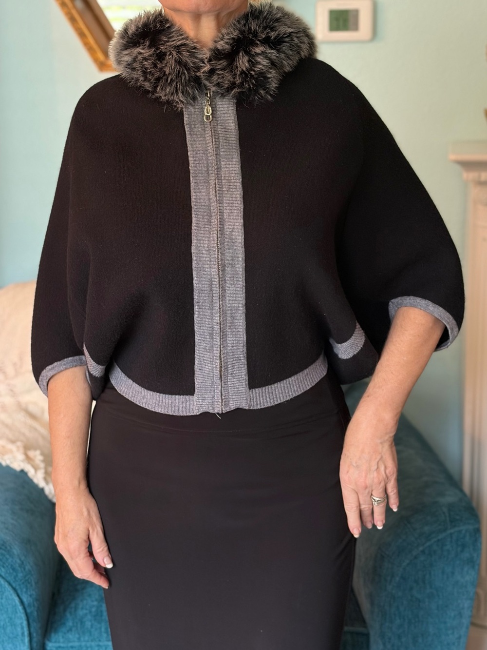 Bugatteli Collection Black Wool Zip-Front Sweater Cape with Bling zipper pull.